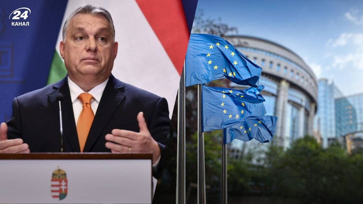Лідер Угорщини Віктор Орбан та прапори ЄС. Колаж 24 каналу